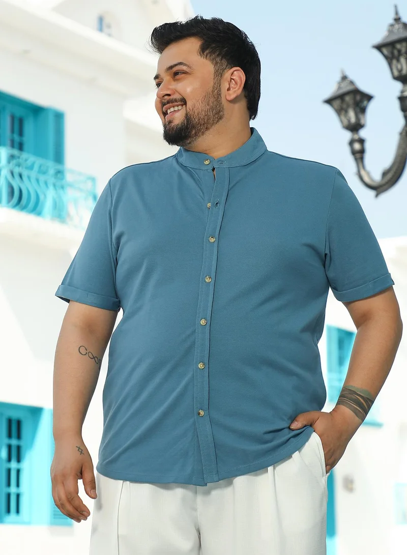 Instafab Plus Men's Prussian Blue Basic Shirt For Casual Wear | Mandarin Collar | Short Regular Sleeves | Button Closure | Plus Size Shirt Crafted With Comfort Fit For Everyday Wear